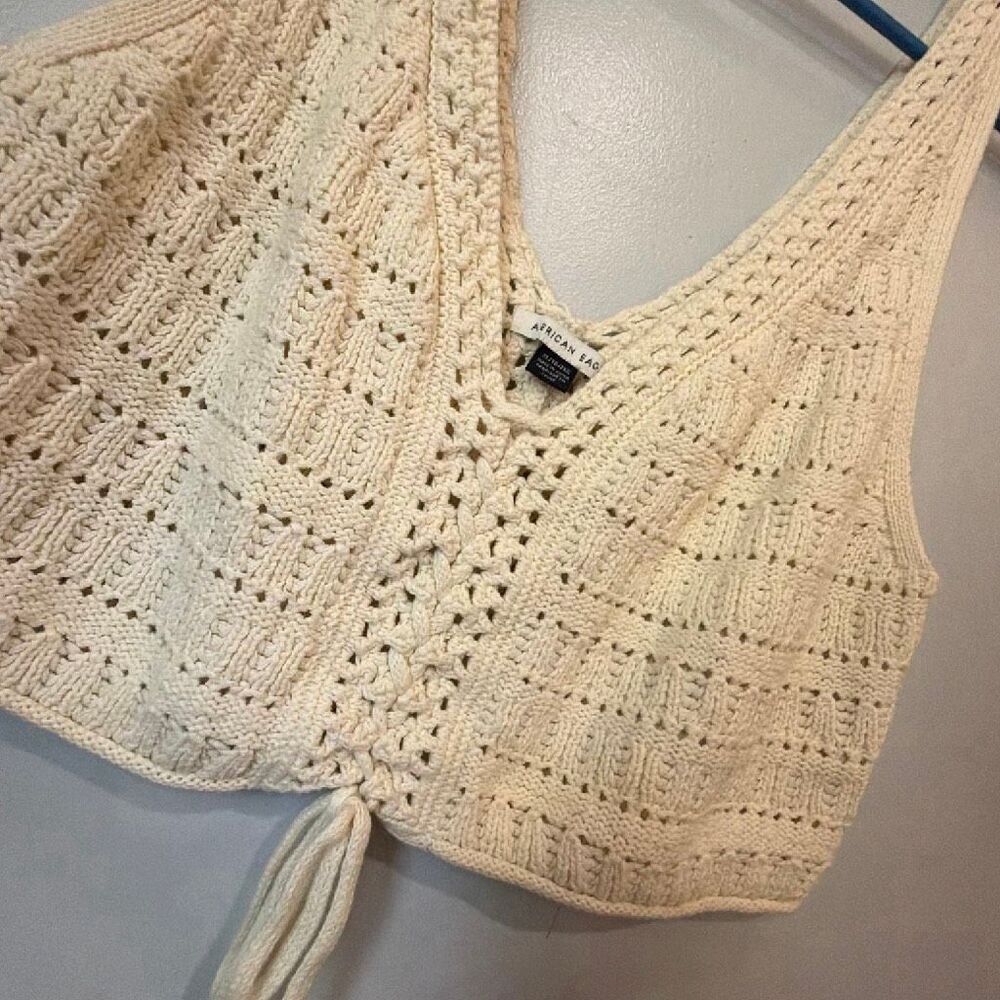 American Eagle Cropped Lace-Up Knit Tank Top Crochet Cream XL Coquette #1100 - Picture 4 of 8